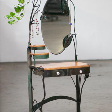 Magical Vanity w/ Mirror, Jewelry Drawers, and Trailing Plant Stand, Reclaimed Steel & North American Curly Cherry 