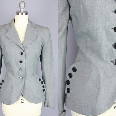 1940s Grey Blazer with Circular Pockets | Vintage 40s Tailored Jacket with Button Details | medium 