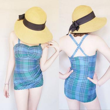 1950s Blue Plaid Cotton Print Swimsuit / 50s Maillot Smocked Bathing Suit Playsuit Romper / XS Miss Petite Tween 