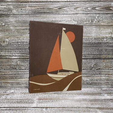 VINTAGE Marushka Silkscreen Canvas Print, Mid Century Modern Sailboat & Sun Textile Art, Wood Frame, 1970s Fabric Tapestry, Wall Hanging 