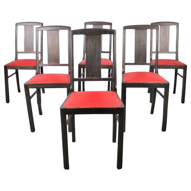 Vintage Set of 6 French Farmhouse Style Ebonized and Red Leather Seat Dining Chairs 