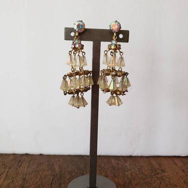 60s White Aurora Borealis Crystal Chandelier Earrings Hattie Carnegie/1960s Oversized Clips Dangly Drop Clips Dressy Evening Party/Charmaine 
