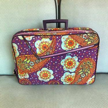 Vintage 1960s Paisley Cloth Suitcase Purple Overnight Bag By Holiday Fair 