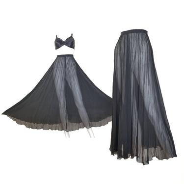 Vintage 90s Silk Chiffon Maxi Skirt, Extra Small / Donna Karan Broomstick Skirt / See Through Black Crinkled Skirt / Sexy Sheer Black Skirt 