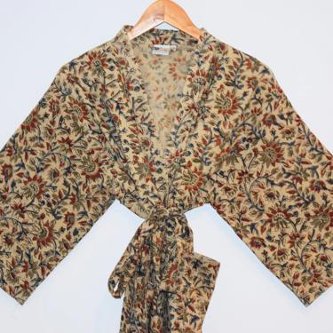 Block Print Kimono Robe, Cotton Bathrobe, Lightweight Cotton Dressing Gown, Long Kimono Robe, Summer Kimono, Kalamkari Print, Natural Dyes 