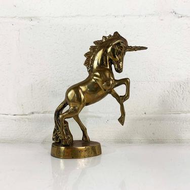 Vintage Brass Unicorn Horse Flower Mid-Century Fantasy Whimsical Rearing Mythical Creature Magical Bookend Figurine Rose Kids Room Nursery 