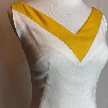 1960s wiggle dress marigold & white body hugging chevron Jane Stevens mod MCM  scoop back pinup bold color yellow 
