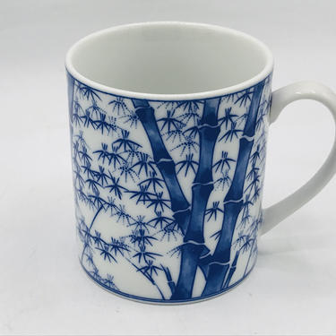 Vintage Blue Porcelain Coffee Mug Cup China Blue & White Oriental  Bamboo  Great condition 