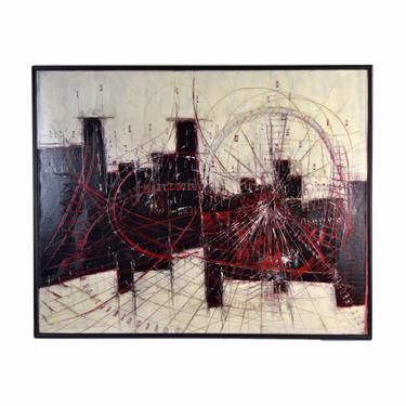 Emil Gerard Midcentury Modern Abstract Oil Painting Amusement Park w Ferris Wheel 
