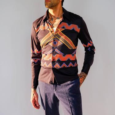 Vintage 70s NIK NIK Black Butterfly Collar Long Sleeve Shirt w/ Earthtone Geometric Print | Made in Italy | 100% Nylon | 1970s Disco Shirt 