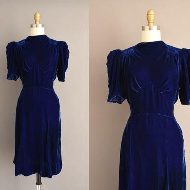 vintage 1930s dress | Gorgeous Blue Silk Velvet Holiday Cocktail Party Dress | Small Medium | 30s vintage dress 
