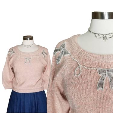 Vintage Beaded Sweater, Medium / Pastel Pink Knit Blouse / Silver Bow Sweater Blouse / 1950s Style Pinup Sweater / VLV Rockabilly Blouse 