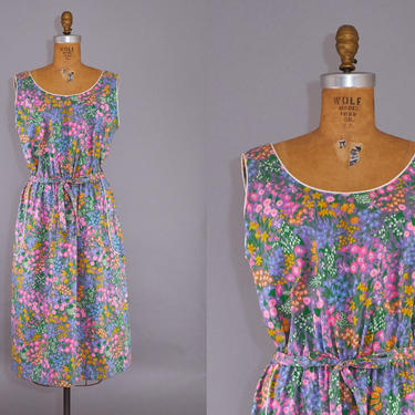 60s Floral Dress Colorful Sleeveless Sundress w/ Pockets 
