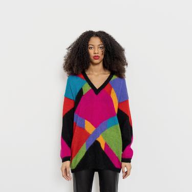 COLOR BLOCK MOHAIR sweater Vintage Pullover Jumper Abstract Pop Art New Wave Fuzzy Knitwear 80's / Large 