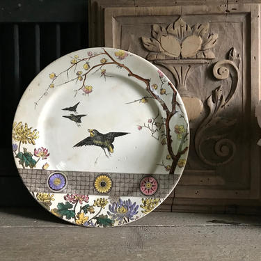 English Glazed Earthenware Plate by Rangoon, ca 1800s, Francis J Emery, Transferware, Birds, Floral Design 