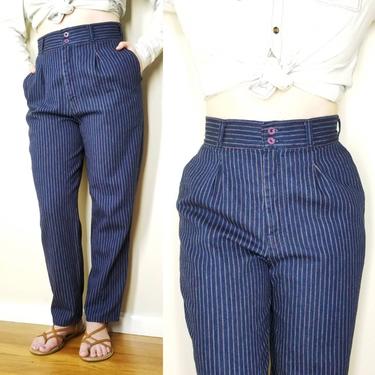 Vintage 80s Blue Pinstripe Pants, Medium / Pleated Front High Waist Pants / Curvy Tapered Leg Pants / Retro 1980s Indigo Striped Pants 