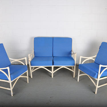 Vintage French Outdoor Whitewashed Rattan Two-Seater Sofa and Two Armchairs With Blue Cushions - Set of 3 