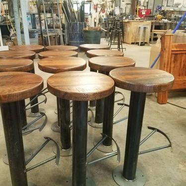 Free Shipping! Bolt Down Urban Industrial Pedestal Bar Stools with Foot Rest from Reclaimed Wood 