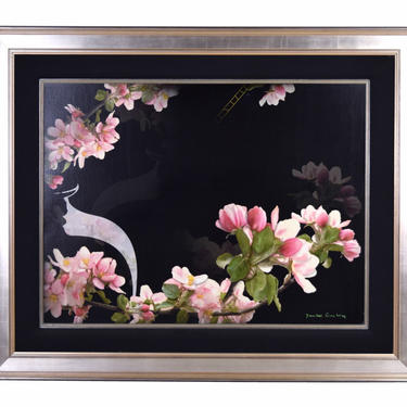 Yankel Ginzburg “Cherry Blossoms on Black” original Photorealist Painting 
