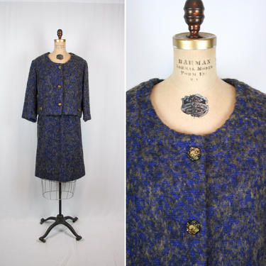 Vintage 60s suit | Vintage blue brown mohair jacket and skirt | 1960's Wool mohair two piece suit 