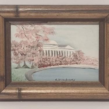 Vintage Signed Hazel Dunaway Miniature Oil Painting Jefferson Memorial Washington DC Cherry Blossom 5x4 