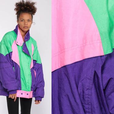 Neon Ski Jacket 90s Puffy Jacket Windbreaker Puffer Coat 80s Neon Jacket Purple Green Winter Pink Coat Retro Vintage Puff Large 