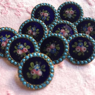 Antique Floral Enamel Buttons, Handpainted Pink Roses, Period Clothing, Costume Accessory, Set of 10 