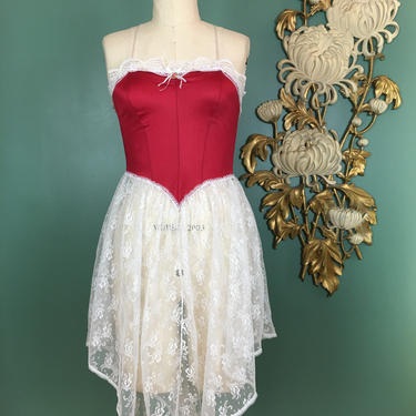 1980s nightgown, red and white, vintage lingerie, sheer lace, asymmetrical hem, size small, valentines day, 1980s lingerie, vintage nightie 