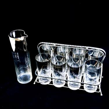 Gorgeous Mid-Century Chrome Ombre 10-Piece Barware Set || Mad Men Cocktail High-Ball Glasses Caddy Pitcher 