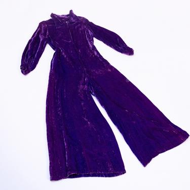 1960s Wide Leg Jumpsuit / 60s Palazzo Pants Purple Crushed Velvet Jumpsuit 