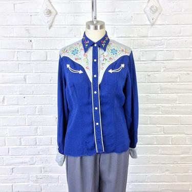Size 38 Vintage 1950s Women’s H Bar C California Ranchwear Two Tone Gabardine Western Shirt with Smile Pockets, Embroidery and Embelshiments 