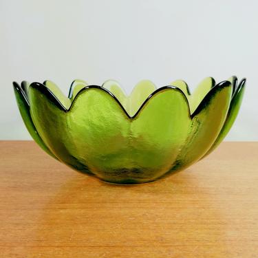Vintage Blenko Lotus Bowl | 14 Petals | Olive Green | Large | 1960s 1970s 