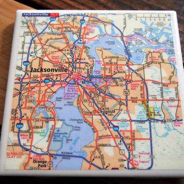 2006 Jacksonville Florida Handmade Repurposed Map Coaster - Ceramic Tile - Repurposed 2000s Rand McNally Atlas Actual Map - Florida decor 