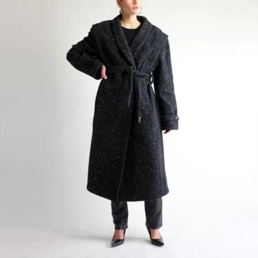 Belted Tweed Overcoat, Vintage 90s Wool Maxi Winter Coat, Oversized Structured Long Cozy Full Length Charcoal Gray Warm Double Breasted Coat 