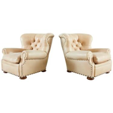 Pair of Ralph Lauren Leather Wingback Writer's Lounge Club Chairs