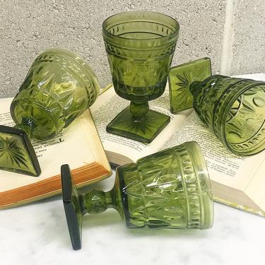 Vintage Wine Glasses Retro 1960s Mid Century Modern + Green + Indiana Glass + Goblets + Champagne + Stemmed Glassware + Kitchen and Bar 