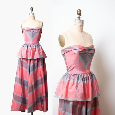 1940s Pink Plaid Gown / 40s Strapless Taffeta Dress Peplum 