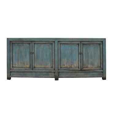 Chinese Distressed Teal Blue Lacquer Tall Long TV Console Cabinet cs5389E 
