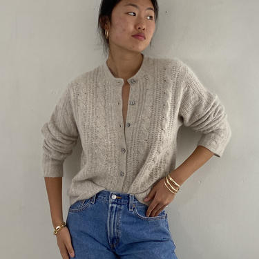 80s angora cable knit button front sweater / vintage soft oatmeal fawn angora cropped cable knit fuzzy cardigan sweater | M 