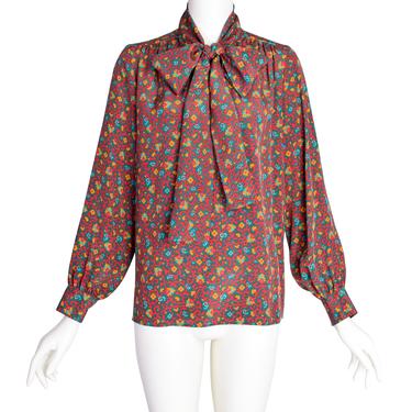 Yves Saint Laurent Vintage 1970s Red Multicolor Moroccan Inspired Print Silk Lavalliere Shirt