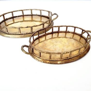 Vintage Brass Faux Bamboo Tray Set 