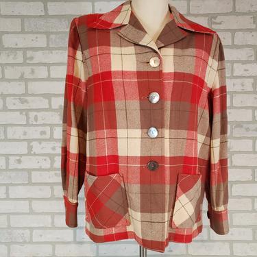 Vintage Wool Pendelton Cream Brown Red Plaid Blazer Jacket Womens Size Medium 