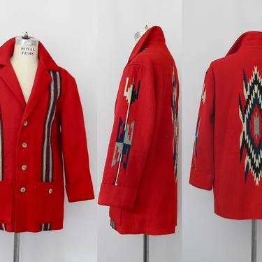 BEST WESTERN Vintage 40s Chimayo Jacket | 1940s Southwestern Red Woven Wool Car Coat | 50s 1950s Western, Americana, Rockabilly | Mens Large 