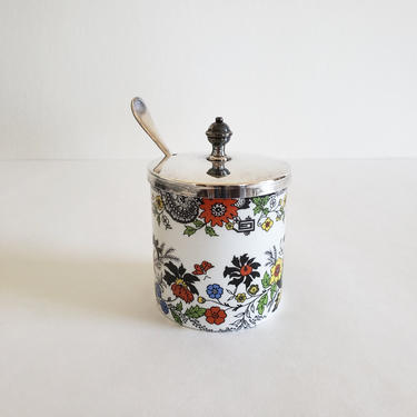 Vintage Staffordshire Ceramic Jam Jar, or Honey Pot, with a Silver Lid and Spoon, Mid-Century Asian Motif 