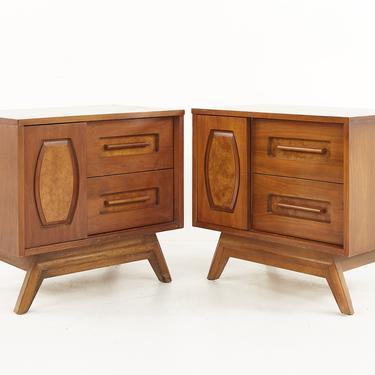 Young Manufacturing Mid Century Walnut and Burlwood Nightstands - A Pair - mcm 