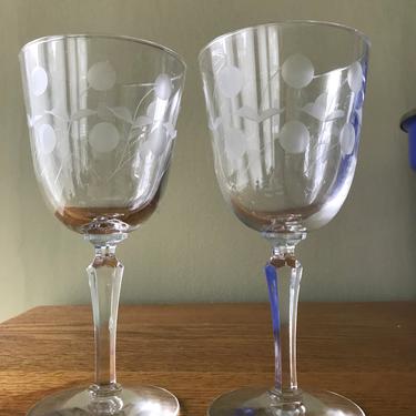 Pair Etched Crystal Wine Glasses Cherries 