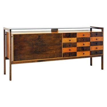 Midcentury Credenza with Bar Floating Glass Top and Checker Board Drawer Front