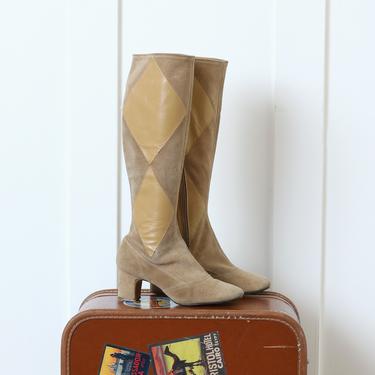 vintage 1960s 70s tall boots • tan diamond leather & suede mod go-go boots 