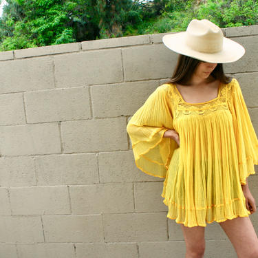 Sol Tunic // vintage 70s 1970s gauze boho cotton yellow crochet tunic mini dress top shirt hippie Mexican // O/S 