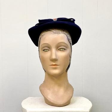 Vintage 1930s Navy Velour Bonnet, 30s Blue Wool Felt Bow Hat, Depression Era Cap, 21 1/2&quot; 